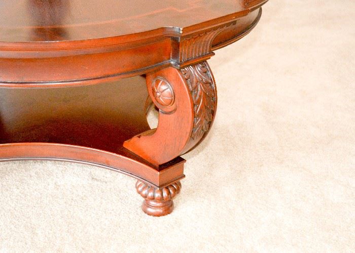 BUY IT NOW!  Lot #302, Flame Mahogany Carved Cocktail Table, (Approx. 41-1/2" Dia x 20" H), $350