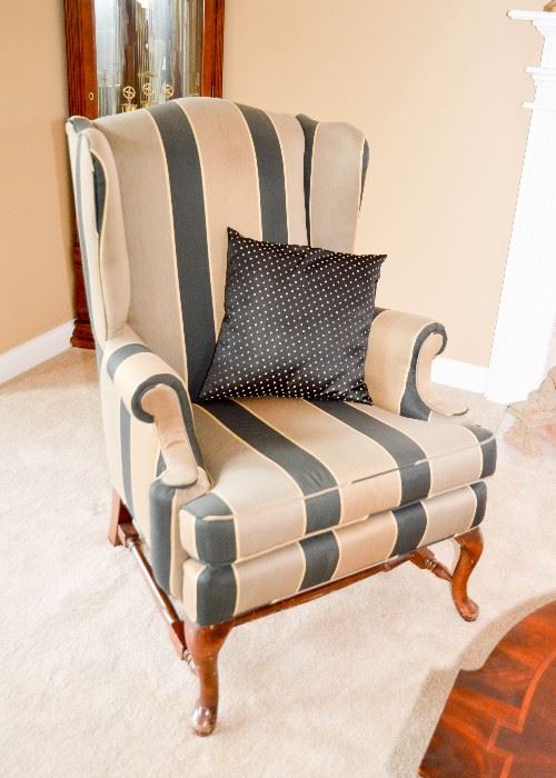 BUY IT NOW!  Lot #303, Striped Upholstery Wingback Chair, (Approx. 31" W x 43" H at the back, Seat is 19" H), $100