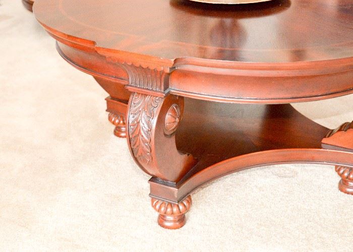 BUY IT NOW!  Lot #302, Flame Mahogany Carved Cocktail Table, (Approx. 41-1/2" Dia x 20" H), $350