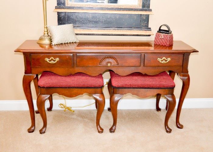 SOLD--Lot #305, Thomasville Console Table with 2 Stools, (Approx. 35" L x 16" W x 28" H), $225