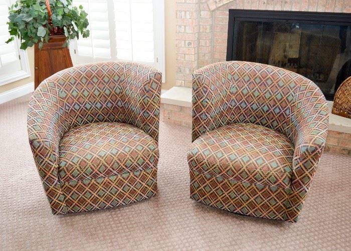 BUY IT NOW!  Lot #316, Pair of Barrel Chairs with Diamond Upholstery, (Each Approx. 32" L x 21" D, 30" H, Seat is 15"H), $200