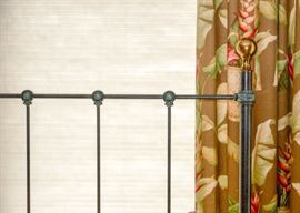 SOLD--Lot #327, Queen Size Iron Bed, Verdigris Finish w/ Brass Finials, Mattress NOT Included, (Headboard is 59-1/2" H), $200