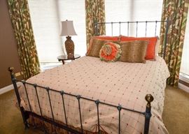 SOLD--Lot #327, Queen Size Iron Bed, Verdigris Finish w/ Brass Finials, Mattress NOT Included, (Headboard is 59-1/2" H), $200