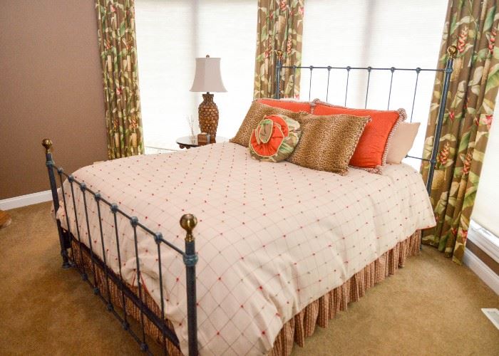 SOLD--Lot #327, Queen Size Iron Bed, Verdigris Finish w/ Brass Finials, Mattress NOT Included, (Headboard is 59-1/2" H), $200