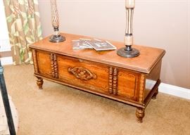 SOLD--Lot #330, Vintage Wood Storage Trunk with Carving, $45
