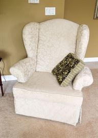 BUY IT NOW!  Lot #336, Pair of Ivory Damask Upholstered Wingback Chairs, $300
