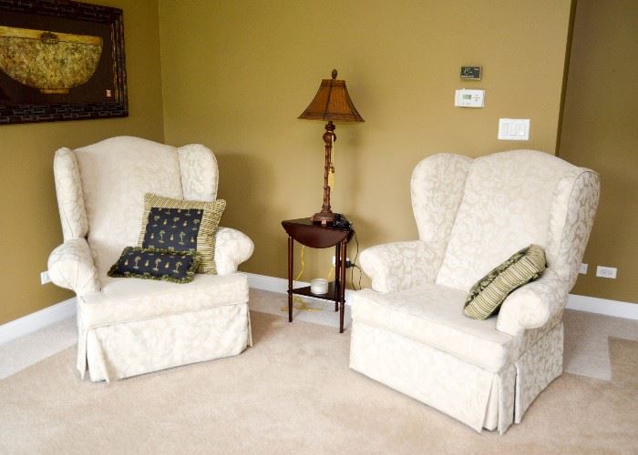BUY IT NOW!  Lot #336, Pair of Ivory Damask Upholstered Wingback Chairs, $300
