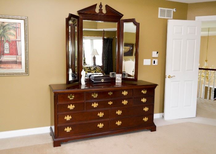 BUY IT NOW!  Lot #338, Mahogany 10-Drawer Chest / Dresser with Mirror, (Approx. 70" L x 20" W x 54" H with Mirror), $450