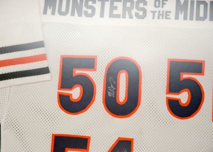 SOLD--Lot #358, "Monsters of the Middle", Autographed Chicago Bears Jersey, FRAMED, Butkus, Singletary & Urlacher, $700
