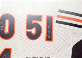 SOLD--Lot #358, "Monsters of the Middle", Autographed Chicago Bears Jersey, FRAMED, Butkus, Singletary & Urlacher, $700