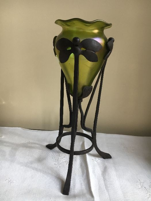 Loetz Vase with dragonfly wrought iron base