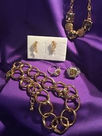 gold ear rings, bracelet, necklace, diamond gem stone ring and more