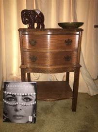 walnut side table with double drawers and bottom shelf