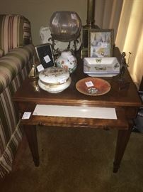 one of two matching sofa end tables with a pull out front features. looks to be mahogany finish