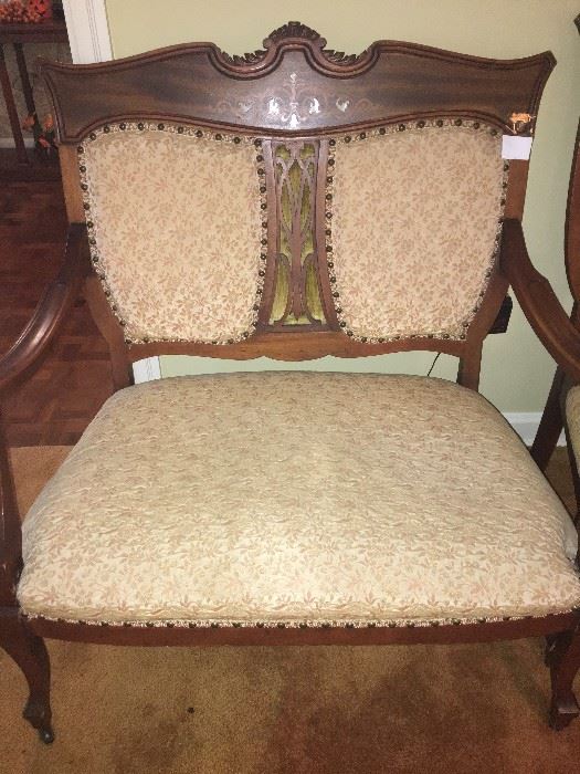 Empire mother of pearl inlaid  love seat walnut finish 