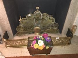 Beautiful brass fender and folding fan with irons and brass planter