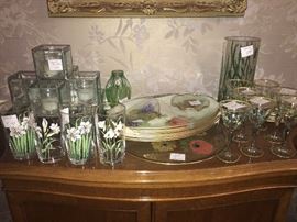 assortment of beautiful hand painted glass and stemware
