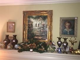nice collection of vases, brass and various prints and beautiful oil painting