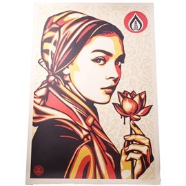 Shepard Fairey Signed 2017 Giclée "Natural Springs": A serigraph poster, by artist Shepard Fairey, The poster features bold graphics in colors of black, yellow and red on a tan background, and depicts a woman holding a lotus flower. The upper right corner has a stylized flame logo with an oil rig inside. The poster is hand-signed to the lower right margin in pencil “SF” and “17”. More information about the artist can be found below under Additional Information.