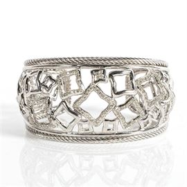 David Yurman Sterling Diamond Cuff Bracelet: A sterling silver and diamond David Yurman cuff bracelet, with open squares throughout, some embellished with prong-set stones. The edges of the bracelet feature rope trim.