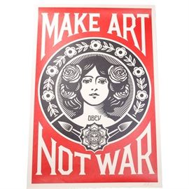 Shepard Fairey Signed Giclée "Make Art Not War": An open edition giclée print on heavyweight cream speckled paper designed and signed in pencil by well-listed and world-renowned American street artist, Shepard Fairey (born 1970), titled Make Art Not War, dated 2017. The print depicts a woman’s black and white portrait encircled by a flower foliate border, the OBEY emblem at lower center, flanked by paintbrushes. Across the solid red backdrop, large bold letters read “Make Art Not War”. The print is hand-signed and dated in pencil to the lower right, unframed and awaiting the presentation of your choice. More information about the artist can be found below under Additional Information.