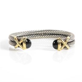 David Yurman 14K Gold and Sterling Cuff Bracelet: A David Yurman 14K yellow gold and sterling cuff bracelet with black cabochons.