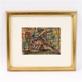 Alfred Morang (1901-1958) Watercolor Painting "Cat with Bowl": An original watercolor and ink painting, Cat with Bowl by well-listed American artist Alfred Morang (1901-1958). The ink and watercolor painting depicts one of the artist’s beloved cats, a favorite subject for which the artist was well known. The painting is signed to the lower right, "57 Alfred Morang. After contracting tuberculosis, Morang moved from Boston to Santa Fe, New Mexico in the late 1930s, hoping the dry climate would improve his health. He was a founding member of the Transcendental Painting Group, whose credo was to “defend, validate and promote abstract art.” The painting is presented with a white mat, under glass in a rustic gilded wood frame and is ready to hang. Information about the artist and the painting is affixed to the back of the frame.