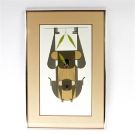 Charley Harper Serigraph "Down Under Down Under": A signed limited edition serigraph, Down Under Down Under by well-listed artist Charley Harper (American, 1922-2007). The serigraph depicts a mother Koala bear and her baby, suspended from a branch. The lower left corner is marked “COPR Charles Harper 1977”. The serigraph is number 1378 from a limited edition of 2500. It is hand-numbered “1378/2500” and signed by the artist in pencil along the bottom. The print is presented with a double tan mat, under glass, in a narrow chrome metal frame. Ready to hang. A paper label affixed to the back has information about the print and the artist.