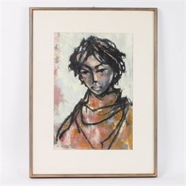 Pawel (Paul) Kontny Original Pastel Drawing of a Young Man: An original pastel drawing of a young man, by listed Polish-American artist Pawel (Paul) Kontny (1923-2002). The abstract portrait depicts the head and shoulders of black haired youth, who gazes down and to his right. It is signed to the lower left “Kontny”, and is presented with a white mat, under glass in a narrow wood frame. Ready to hang. For another drawing by this artist, see item 17DEN028-059.