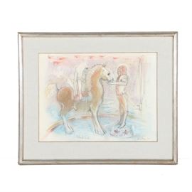 Thom Kapheim Original Pastel on Paper "Hand Fed": An original pastel on paper of Hand Fed by artist Thom Kapheim (20th century). This realism work depicts a man standing on a circus pedestal feeding a horse while a female form with long hair sits side saddle on the horse’s back. The piece is hand signed to the lower right corner and dated 1982. It is presented behind a beige mat under glass in a composite wood frame with wire to the reverse ready to hang.