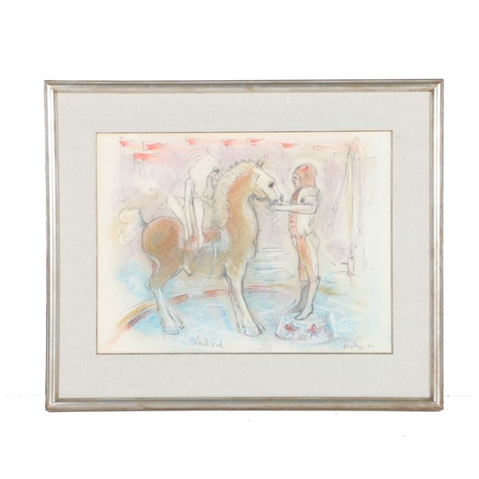 Thom Kapheim Original Pastel on Paper "Hand Fed": An original pastel on paper of Hand Fed by artist Thom Kapheim (20th century). This realism work depicts a man standing on a circus pedestal feeding a horse while a female form with long hair sits side saddle on the horse’s back. The piece is hand signed to the lower right corner and dated 1982. It is presented behind a beige mat under glass in a composite wood frame with wire to the reverse ready to hang.