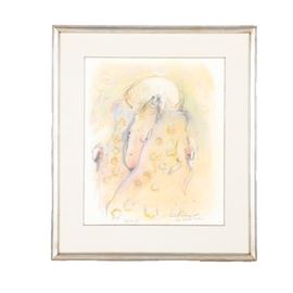 1981 Thom Kapheim Mixed Media Drawing "Lady & Shrimp Coat in Animal Rocker": A 1981 mixed media drawing of pastel, graphite, oil pastel and charcoal on paper by listed Illinois artist Thom Kapheim (1944-). Titled Lady & Shrimp Coat in Animal Rocker this depicts a woman with exposed breasts and extended stomach dressed in an oversized coat with extended shoulders and applied curling shrimp across the surface. It is signed, titled, and date below in graphite. This work is mounted with an ivory linen mat with silver tone liner, and presented under glass in a silver tone wooden frame wired for hanging.