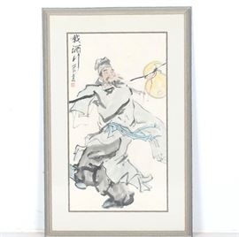 Original Chinese Watercolor on Rice Paper: An original Chinese watercolor on rice paper titled Zai jiu xing (載酒行), translated as a traveling scholar. This piece depicts a standing male figure in a hat carrying a double gourd over one shoulder. It is titled and signed in the upper left corner. The work is presented behind white mat, under glass in an unfinished wooden frame. There is a wire hanger to verso.