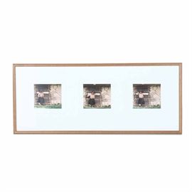 Signed Limited Edition Photographs by Emerson: A framed series of signed limited edition photographs by Emerson. The series of three digital color prints depicts a barefooted child wearing beaded jewelry in front of a stone and wood dwelling. The limited edition prints are numbered as follows: the first print is 25/130; the second print is 23/150; and the third print is 26/150. The photographs are signed “emerson” to the mat below and are presented behind a white mat behind glass in a wood frame with a wire for hanging and a label that reads “James Gallery Pittsburgh, PA”.