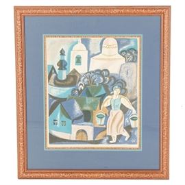 Limited Edition Lithograph of Woman in Village: A limited edition lithograph. This piece depicts a village scene with a belltower and a woman carrying buckets of water on a yoke in hues of blue, black, and orange. The work is hand signed illegibly to the bottom right of the plate and is numbered five in an edition of one hundred. It is presented behind blue mat, under glass in a floral carved wooden frame. There is a wire hanger to verso.