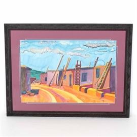 Original Watercolor on Paper of Village: An original watercolor on paper. This piece depicts a small village with stone buildings and wooden ladders in hues of yellow, orange, pink, purple, and blue. The work is initialed “M.J.” to the lower right. It is presented behind purple mat, under glass in a textured, black painted wooden frame.