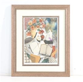 Susan Hartenhoff Limited Edition Mixed Media Print "La Vie de les Livres II": A limited edition mixed media print titled La Vie de les Livres II by Susan Hartenhoff. This abstract work depicts a table top with notebooks, flowers, fruit, and a figure. The piece is signed by the artist to the lower right and is number 175 in an edition of 200. It is presented behind white mat behind glass in a wood frame with a wire on the back for hanging.