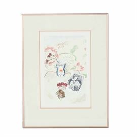 E. S. Bufano Limited Edition "The Geishas" Lithograph: A limited edition lithograph titled The Geishas by E. S. Bufano. This still-life collage style print, depicts items on a table in tones of pink, green and with a cream field. This print is signed by the artist to the lower right of margin and marked as an artist proof to the lower left of margin. It is presented under a cream mat under glass with a metal frame.