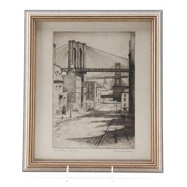 Rosamund Niles Drypoint Etching Print "Brooklyn Bridge": A drypoint etching “Brooklyn Bridge” by Rosamund Niles. This cityscape work depicts bridges in the background and city buildings. The piece is signed by the artist to the bottom right and is titled “Brooklyn Bridge” to the bottom left. It is presented behind a white mat and behind glass in a speckled silver tone and gold tone wooden frame. The back of the piece offers a wire and eye hooks.