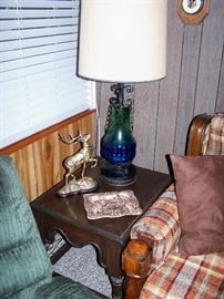 1 of 2 Vintage Oak End Tables, 1 of 2 Green/Blue Glass Lamps