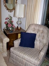 1 of 2 Comfy Swivel Chairs, Marble Top End Table/Cabinet, 1 of 2 White/Gold Glass Lamps