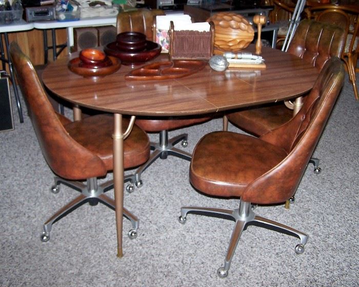 Great Mid-Century Table(shown w/1 of 2 leaves), Chromcraft Vinyl Swivel Chairs