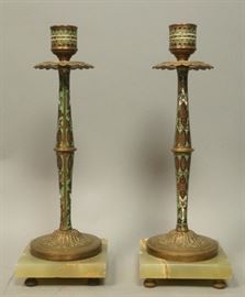 Lot 39 CHAMPLEVE Enamel Brass Candlesticks Square Onyx B