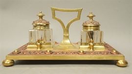 Lot 45 Antique Brass  Copper Double Inkwell. Brass stan