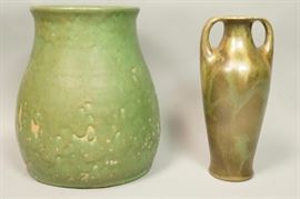 Lot 89 2pc Green Glazed American Art Pottery Vases. Vint