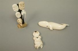 Lot 97 3 pc Carved Alaskan Figures. Carved whale signed 