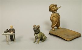Lot 101 3pc Metal Nodders. German pug dog. Monk scribe at