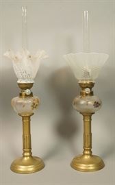 Lot 166 2pc Brass Oil Peg Lamps. Matching sticks with dif