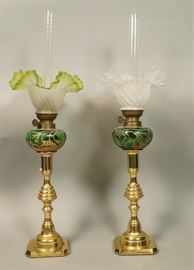 Lot 167 Pr Brass Oil Peg Lamps. Matching sticks  glass w