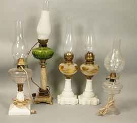 Lot 169 5pc Oil Lamps. Three have milk glass bases. One m